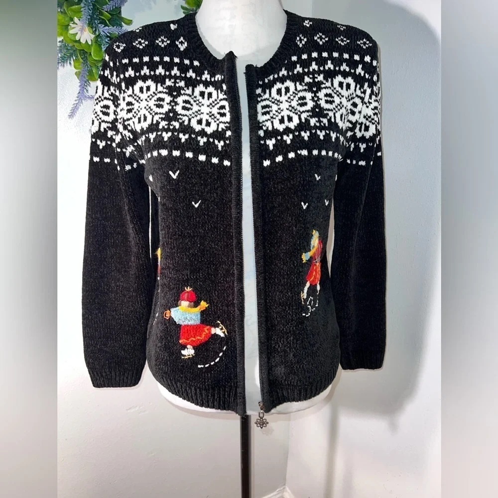 Alfred Dunner‎ petite, S, fair Isle ice skaters zip front, long sleeve cardigan